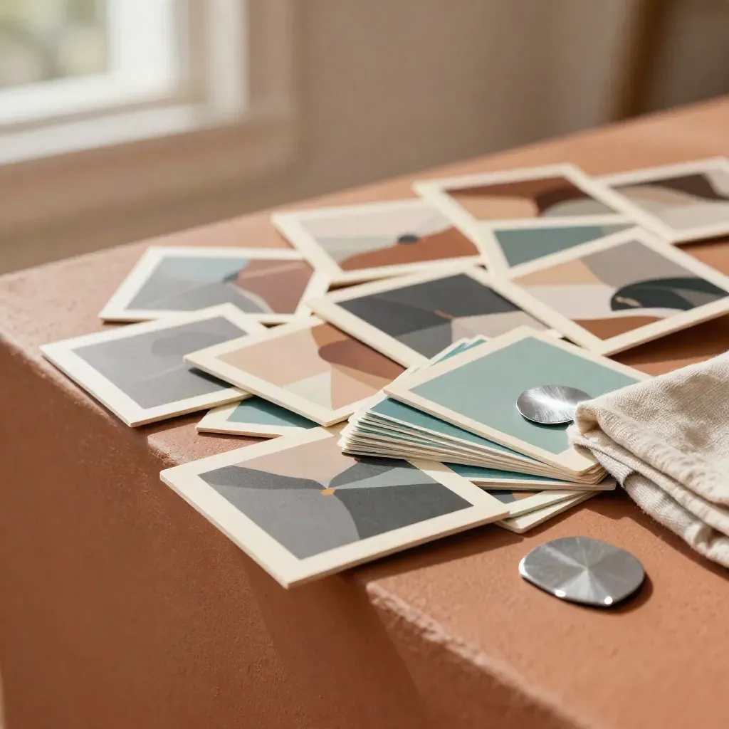 Diagonal spread of campaign cards and teal swatches on a warm studio ledge