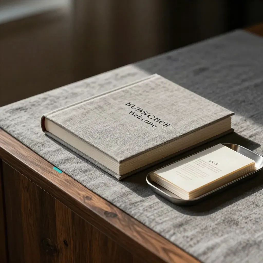 Premium booklet and welcome card stack on ash linen, lit by warm haze with a teal edge glow.
