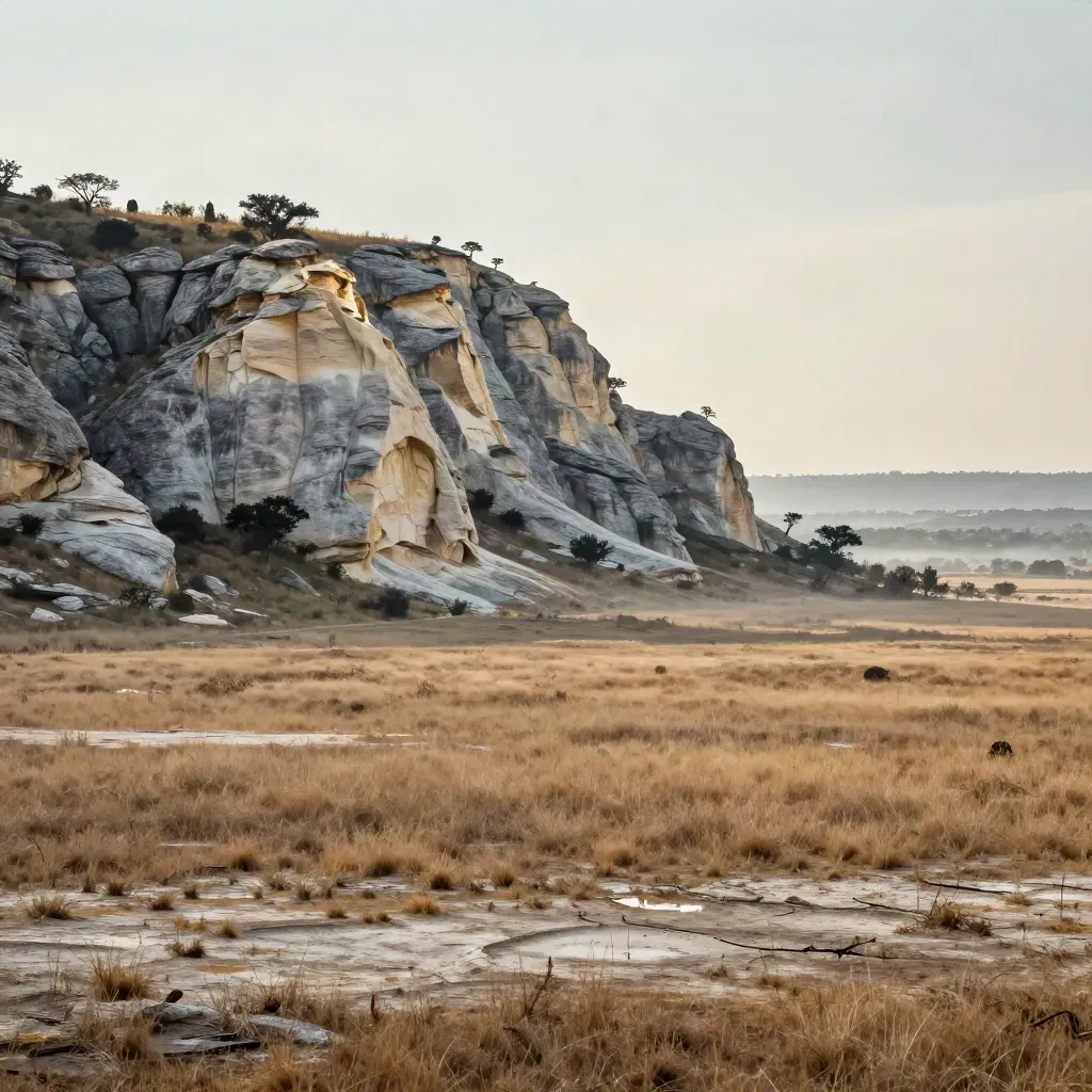 Limestone escarpment above a hazy mesquite plain at sunrise after rain