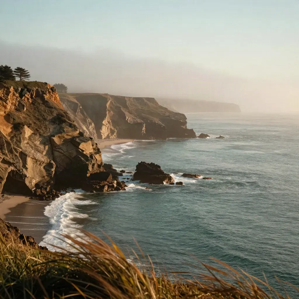 Misty Pacific cliffs above a silver shoreline at golden hour.